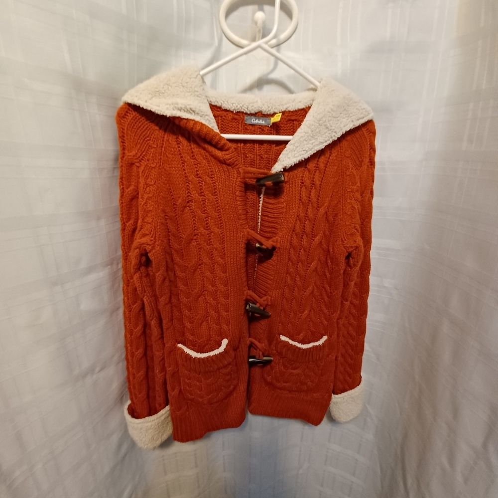 Cabelas Cable Knit Rusty Orange Toggle Button Hoo… - image 2
